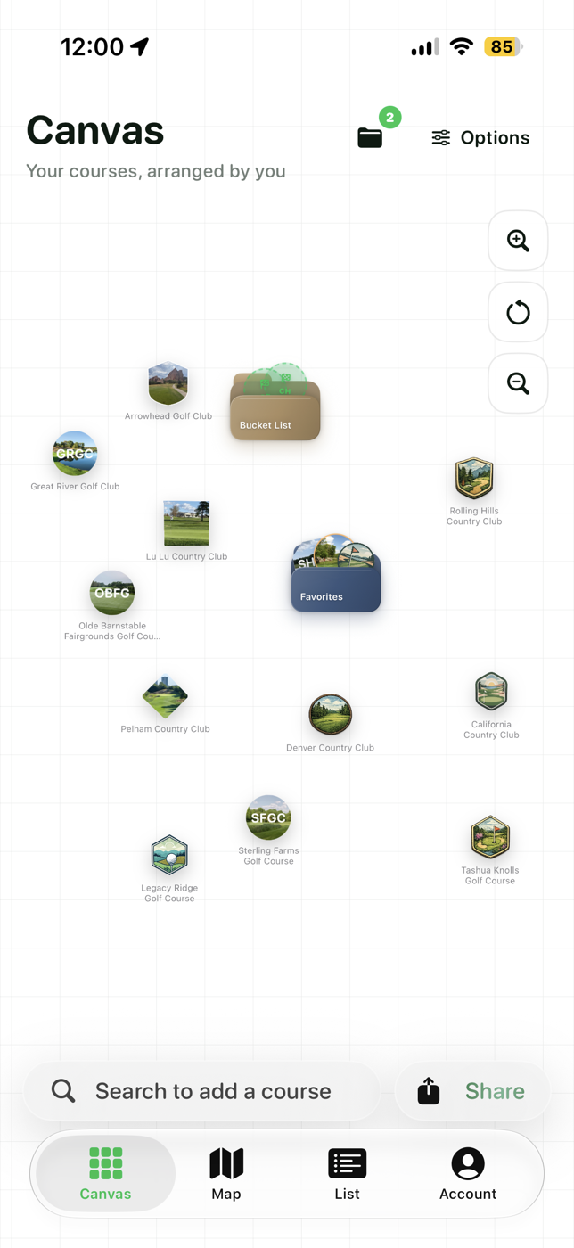 Greenskeeper Canvas showing golf course badges organized into Bucket List and Favorites folders